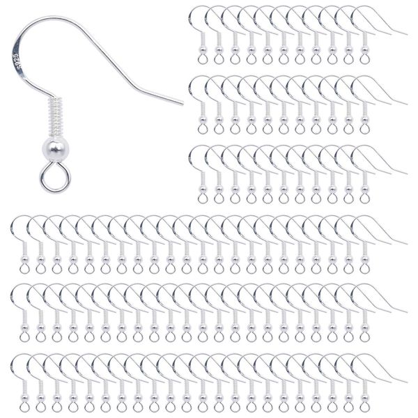 Earring Hooks 925 Sterling Silver Ear Wires Fish Hook Earring with Spring Ball for DIY Jewelry Customize Making 100 Pcs Silver Plating