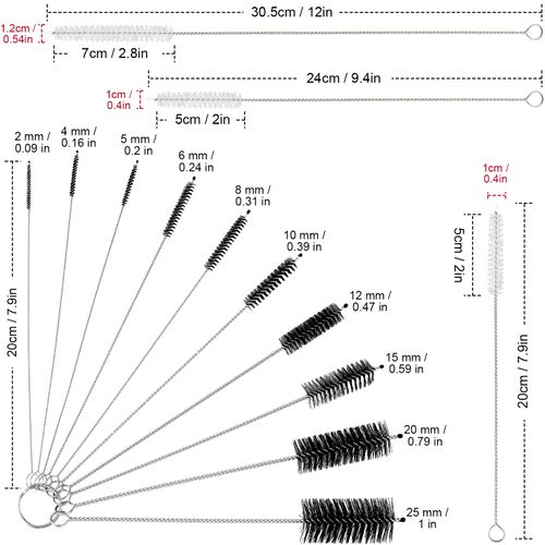 32 Pieces Extra Long Straw Cleaning Brush Nylon Cleaning Bottle Brush Cleaning Brushes Tube Washing Cleaner Bristle Kit Tool Reusable Bottle Straw Brush in Different Size (White-Black)