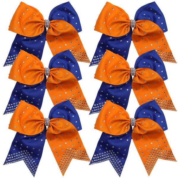 8 Inch 2 Colors Cheerleader Bows Ponytail Holder with Bling Fling Rhinestones Hair Tie Cheerleading Bows 6 Pcs (Orange/Royal Blue)