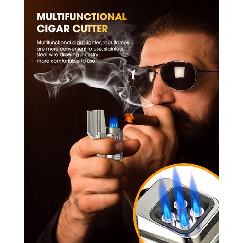 FANKAI Cigar Lighter 4 Torch Jet Flame, Cigar Punch, Cigar Holder, Cigar Draw Enhancer, Refillable Torch Lighter, Multi-Functional Cigar Accessories, Windproof Lighters for Smoking with Gift Box