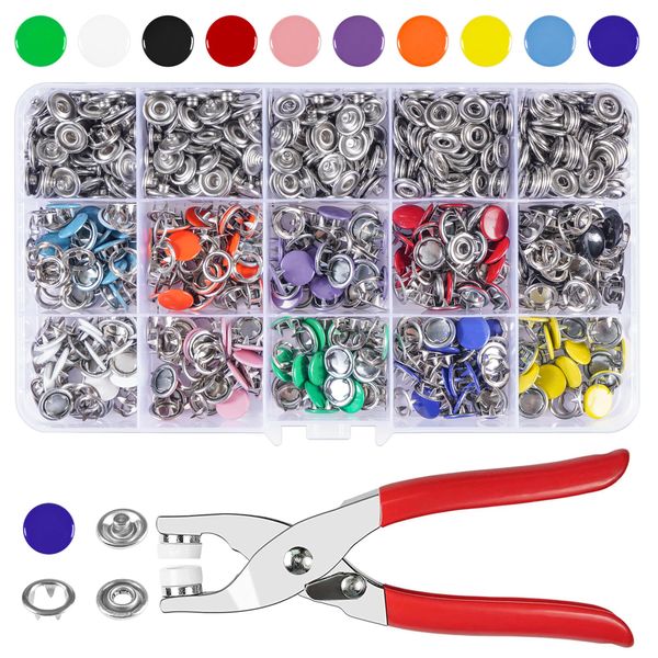 Snap Button Fastener kit, 200 Sets 9.5mm Metal Press Studs with Pliers, Poppers Press Studs Snap Fasteners No Sewing, for DIY Crafts, Clothing, Bags, Handmade, 10 Colors