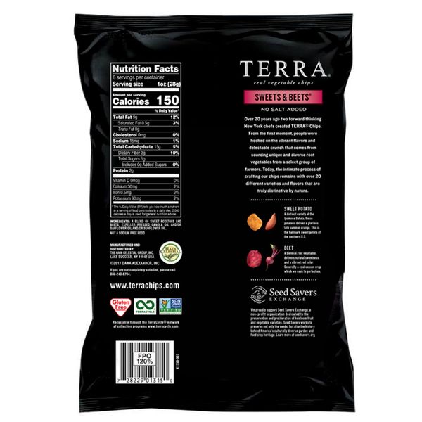 Terra Sweets & Beets Vegetable Chips, No Salt Added, 6 Oz (Pack of 12)