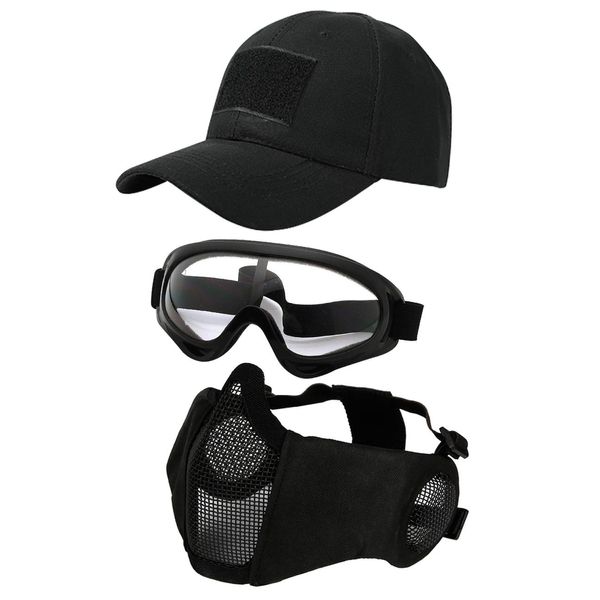 Hodeacc 3 Pcs Tactical Airsoft Mask Goggles Baseball Cap Set,Adjustable Half Face Mesh Mask with Ear Protection,Airsoft Glasses Eye Protection Outdoor Hat for Outdoor Airsoft/BB/CS Game