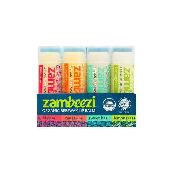 Fair Trade, Organic Beeswax Lip Balm - CORE 4 Pack (Wild Rose, Rose