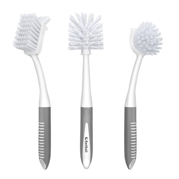 SetSail Dish Brush Set of 3 with Bottle Brush, Dish Scrub Brush with Long Handle Deep Cleaning Handle Brush with Scraper Tip for Kitchen Sink Dishes Bottle Cup Pot and Pans Tile Lines, Grey