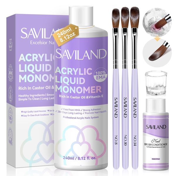 SAVILAND Acrylic Liquid Monomer with Brush Cleaner: 8.16 fl.oz Pure EMA Monomer Acrylic Nail Liquid with 3pcs Acrylic Nail Brushes Versatile Dappen Dish for Starter Nail Extension Home Nail Salon