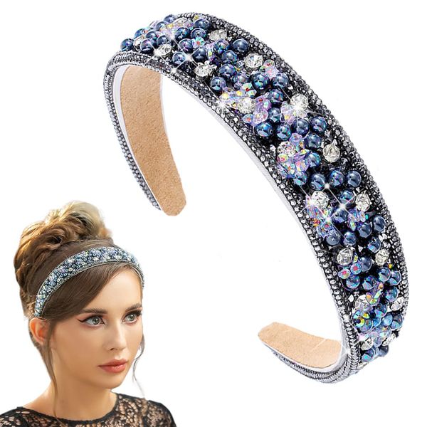 deladola Rhinestone Padded Headband Black Glitter Crystal Hairband Blue Bead Headbands Rave Party Headdress for Women and Girls