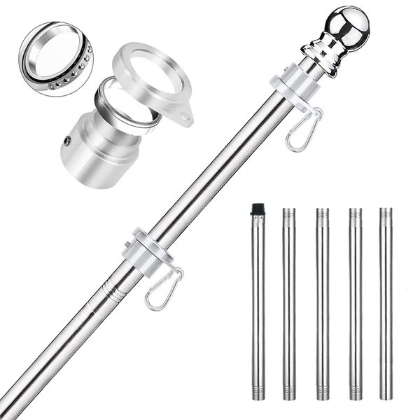 No Tangle Flag Pole, 6ft Flag Pole for Outside House, Stainless Steel 1" Flagpole with Tangle Free Aluminum Flag Rings, Silver 1 inch Flag Poles for 3x5 Flags Outdoor (6 FT, 5 Sections, No Bracket)