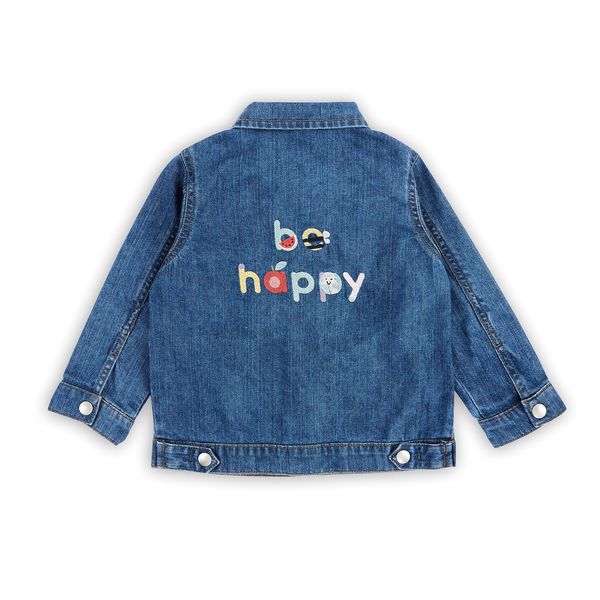 Just bee kids Classic Blue Denim Jacket | 100% Organic Cotton With Polished Silver Buttons & Easy to Use Popper Fastenings | Colourful 'Be Happy' Slogan | Boys & Girls (18-24 Months)