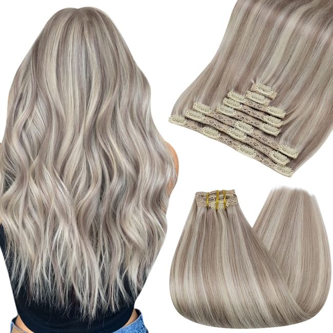 Ugeat 18 Inch Clip in Hair Extensions Human Hair 18 Inch Highlight Dirty Blonde with Platinum Blonde Hair Extensions Clip in Human Hair #P20/60 Invisible Clip in Extensions 8 Pcs 120 Grams