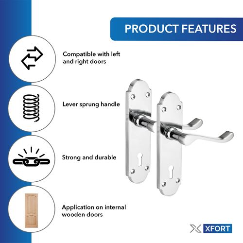 XFORT® Richmond Lever Lock Scroll Chrome Door Handles, Elegant Door Handle Set, Epsom Shaped on Long Backplate, Ideal for All Types of Internal Wooden Doors That Require Key Locking Security [1 Pair]