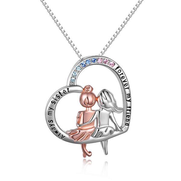 VONALA Sister Necklace 925 Sterling Silver Heart Pendant Sister Gifts from Sister Friendship Jewellery Always My Sister Forever My Friend Birthday Gift for Women