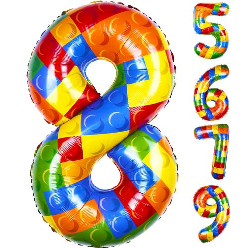 40 Inch Building Block Number Balloon, Number 8 Balloons Colorful Number Block Foil Balloons Big Helium Balloon Numbers for Girls Boys Birthday Brick Theme Party Decorations (Number 8)