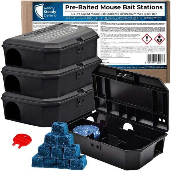 Pre Baited Mouse Boxes (Pack of 4) Effective Indoor Mouse Trap Boxes - Safe Mouse Poisoning Solutions, Convenient Mouse Poison, Ideal Mouse Traps for Indoors, Preloaded Mouse Killer Complete with Key