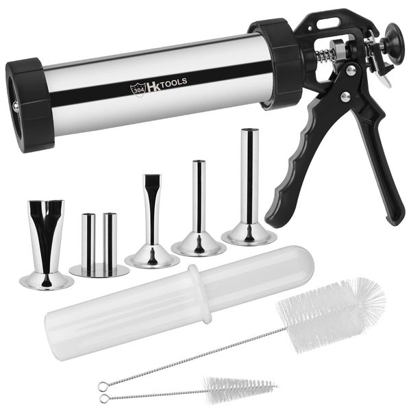 HK Jerky Gun Kits, Jerky Maker Gun, Beef Jerky Gun, 2 Pound Stainless Steel Sausage Stuffer Jerky Making Gun with 5 Stainless Nozzles, 2 Cleaning Brushes, 1 Stomper