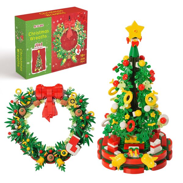 Christmas Tree or Wreath Building Set for Adults and Kids, Creator Building Toy Kit for Holiday Decoration, Tabletop Christmas Tree Gift, 2 Building Options in 1 Set, Compatible with Lego