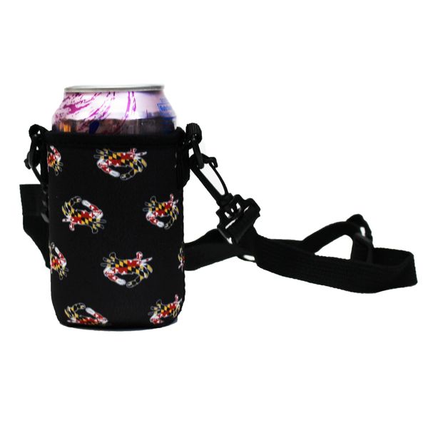 Maryland Full Flag Crab (Black) / Can Cooler with Strap - Black / 1