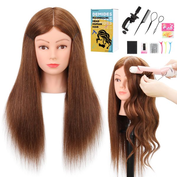 22-24’’ Mannequin Head with Human Hair, Cosmetology Mannequin Head 100% Real Human Hair, Manikin Head with Stand for Hairdressers Practice Braiding Styling Cutting Dying Styles