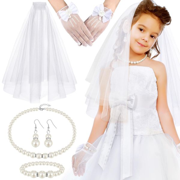 Bencailor 5 Pcs White Little Girls Jewelry Bow Gloves Lace Veils with Hair Comb Set Faux Pearl Necklace Bracelet Earrings First Communion Veil Wedding Hair Accessories for Kids Children