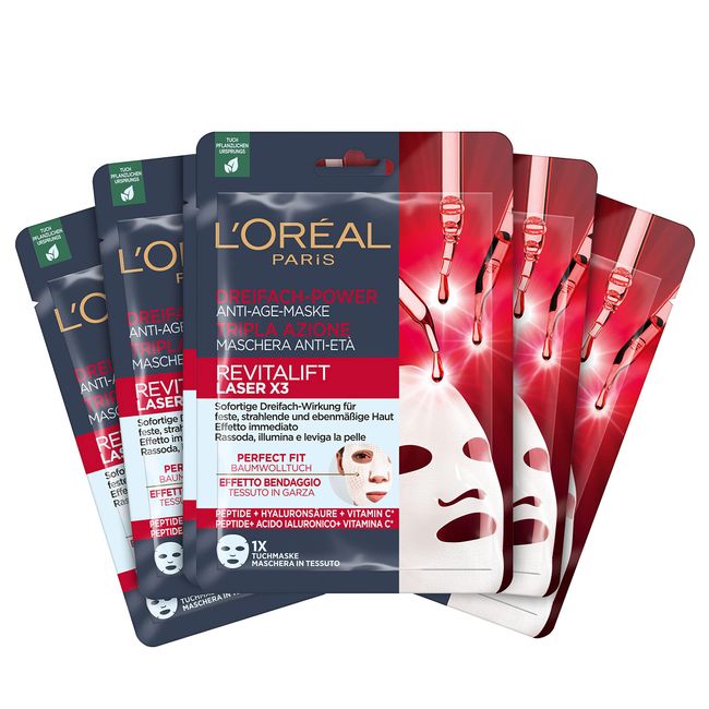 L'Oréal Paris Anti-Age-Maske für strahlende und ebenmäßige Haut, Mit Peptiden, Hyaluronsäure und Vitamin C, Revitalift Laser X3 Tuchmaske, 5 Stück