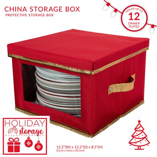 Simplify Holiday Dinner Plate Dinnerware Storage Box | 12.2 Inch | Christmas China | 12 Felt Dividers | Tableware Setting | Red