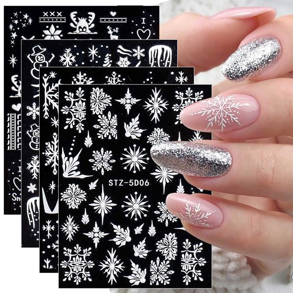 JMEOWIO 3D Fiocco di Neve Natale Adesivi Unghie Nail Art Stickers Unghie Autoadesivi 5D Decorazioni Unghie Nail Art Disegni 4 Fogli