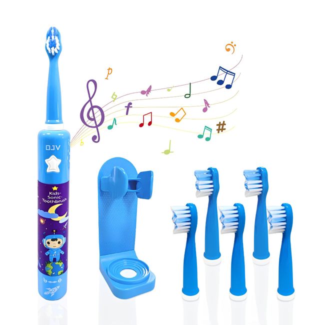 OJV 8620 Musical Electric Toothbrushes for Kids Children, 3 Modes 2 Min Timer, 6 Bristles Rechargeable Power Smart Sonic Music Play Song Toothbrush for Girls Age 3-14 with Wall Mounted Holder (Blue)