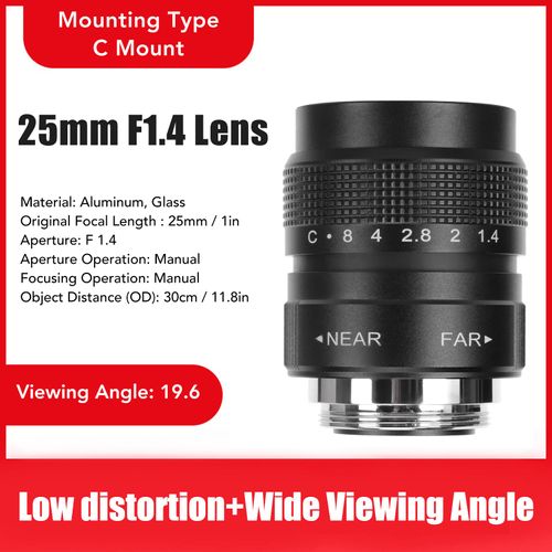25mm F1.4 CCTV Lens, C Mount Camera Lens with 19.6 Wide Viewing Angle, CCTV Video Vari Zoom Lens for Shop Parking House Warehouse (Black)