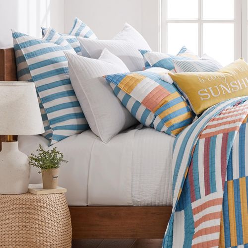 Levtex Home - Sol Stripe Quilt - Euro Sham - Stripe - Bliue and White - Quilt (26x26in.), No Insert - Cotton