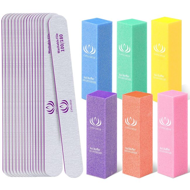 Nail Files and Buffers - Capularsh 16Pack Professional Manicure Tools Kit, 10Pcs 100/180 Grit Double Sided Nail Files for Acrylic Dip Nails, 6Pcs Four Sided 120 Grit Nail Buffer Block for Home Salon