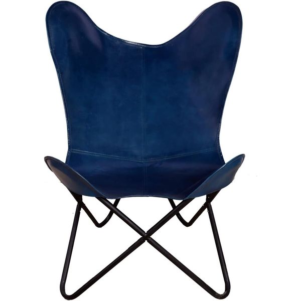 Relaxing Chair With Iron Stand Blue Leather Butterfly Comfortable Arm chair