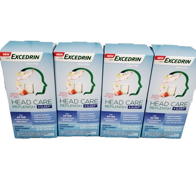 4 pack Excedrin Head Care Replenish +Sleep Dietary Supplement Mix Lot Strawberry