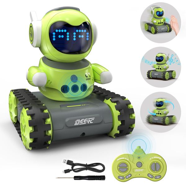 DEERC Robot Toys for Kids 5-7,Walkie Talkie Remote Control Emo Robot W/Gesture Sensing,16 LED Eyes,Auto Demo,Music,Flexible Head & Arms,Rechargeable RC Toys Xmas Birthday Gifts for Boys Girls