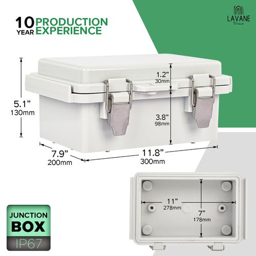 Waterproof Outdoor Junction Box, LA VANE IP67 ABS Plastic Dustproof Electrical Enclosure with Hinged Cover with 4X NPT Cable Glands, Mounting Plate, Wall Brackets - 12x8x5 inch
