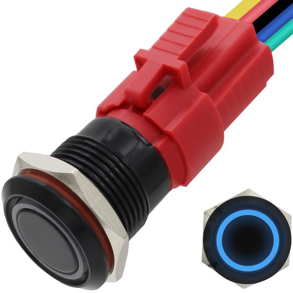 16MM Latching Push Button Switch 12V, On Off Button with LED, Waterproof Marine Push Button for Car, Light Power Switch 0.63" Mounting Hole with Wire Socket Plug Self-Locking (Black Shell-Blue)