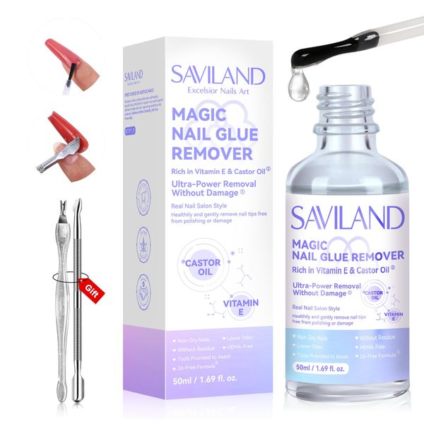 SAVILAND Nail Glue Remover for Press on Nails: 50ML False Nails Glue Remover with Castor Oil Vitamin E for Glue on Fake Nail Tips Acrylic Nail Gentle Fast Press on Nail Remover with Cuticle Pusher