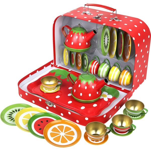 Tea Set for Little Girls, Pretend Play Tea Party Set, Fruit Design Kids Tin Tea Set with Carrying Case (15 Pcs)