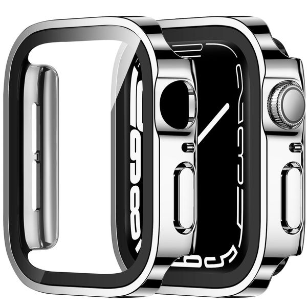 ZZDZZ 2 Pack Hard PC Case Compatible with Apple Watch Case 40mm Series 6/SE/5/4 with Tempered Glass Screen Protector, Ultra-Thin Straight Edge Protective Cover for iWatch 40mm (Silver/Silver)