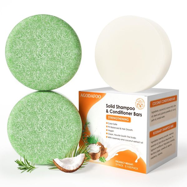 Agodafoo Rosemary & Coconut Shampoo and Conditioner Set for Hair Growth, 2pcs Rosemary Shampoo Bar Soap, 1pc Coconut Conditioner Soap, Thickening Regrowth Hair, Strengthening Paraben Free