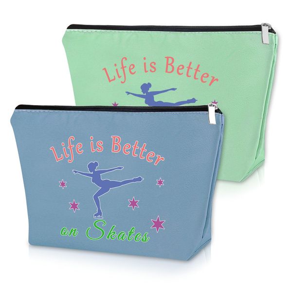 2PCS Skater Gifts for Women Makeup Bag Ice Skating Gifts for Girls Figure Skating Themed Gifts for Sister Daughter Cosmetic Bag Skate Lover Gifts Birthday Christmas Graduation Gifts Travel Pouch