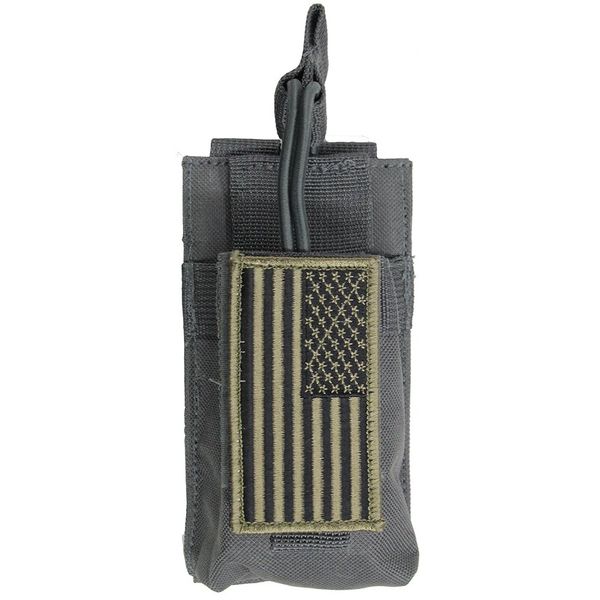 M1Surplus MOLLE Style GREY Color Tactical Radio Pouch + PATRIOT FLAG Morale Patch Fits BF-F8HP UV-5R UF-5RA UV-5X3 UV-82HP UV-5X BF-F8+ GT-3 GT-3TP Motorola XTS5000 HT Walkie Talkie Ham Radios