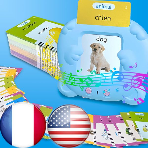 HALCONTORNO Bilingual English French Flash Cards - Talking Flash Cards for Kids, Pocket Speech for Toddlers 3-12, Educational Learning Toys, Audible Gift Play Cards French, Autism Sensory Toys (Blue)