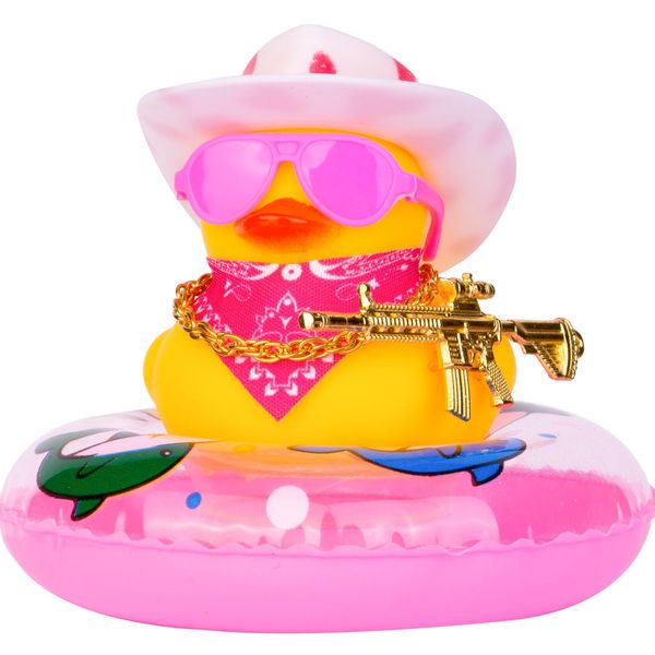 MuMyer Cowboy Duck Car Dashboard Decoration Swim Ring Car Rubber Duck Decoration Accessories with Mini Swim Ring Cowboy Hat Scarf Necklace and Sunglasses(C1-1 P Pink_White)