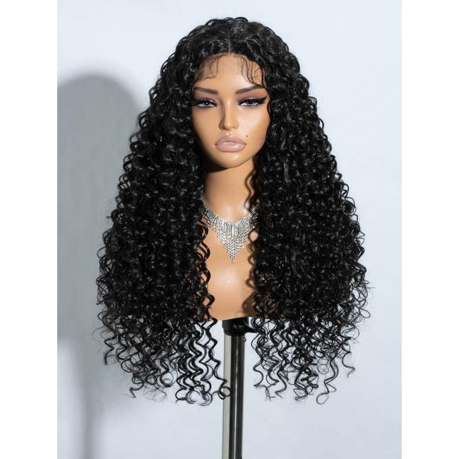 Joedir Black Lace Front Wig Long Deep Wave Curly Wigs for Women Synthetic Natural Crimps Curls Lace Frontal Wig 24 Inches T-Part Preplucked Hairline Wig with Baby Hair