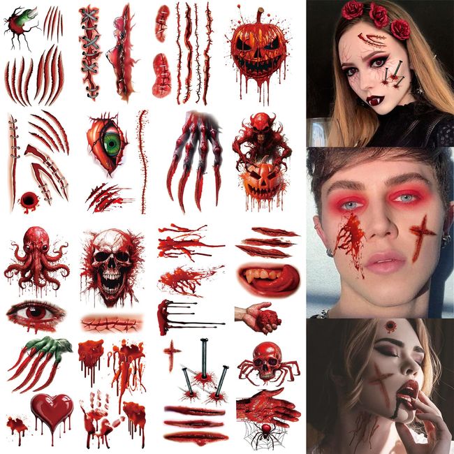 16 Sheets Halloween scar tattoos Temporary Stickers with Fake Scab Blood,Adults,Teens,Kids Tattoos Waterproof Fake Scars Tattoo Set,Halloween Makeup Tattoo Stickers for Halloween Party Cosplay