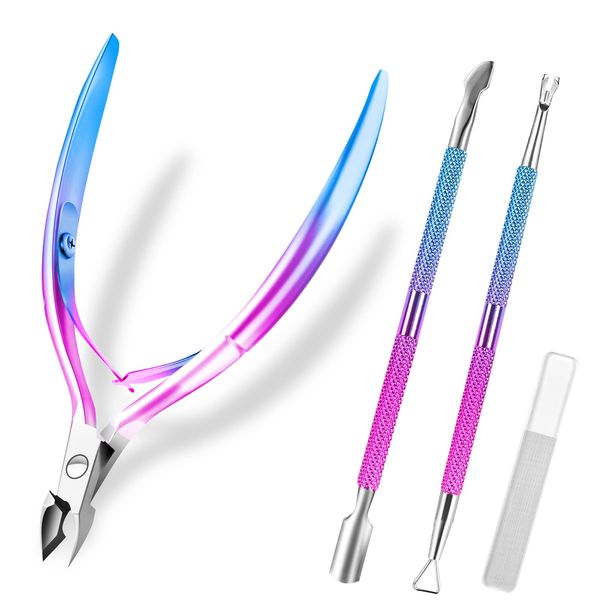 BQAN Cuticle Remover Set with Cuticle Cutter and Cuticle Pusher, Cuticle Nipper and Cutters, Nail Scraper, Dead Skin Clipper, for Fingernails and Toenails (Blue Purple)