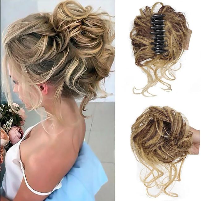 RPAEOY Messy Hair Bun Extensions Curly Wavy Hair Scrunchies for Women Girls Claw Clip Synthetic Donut Updo Ponytail Hair Extensions Hair Hair Accessories (Golden Brown)