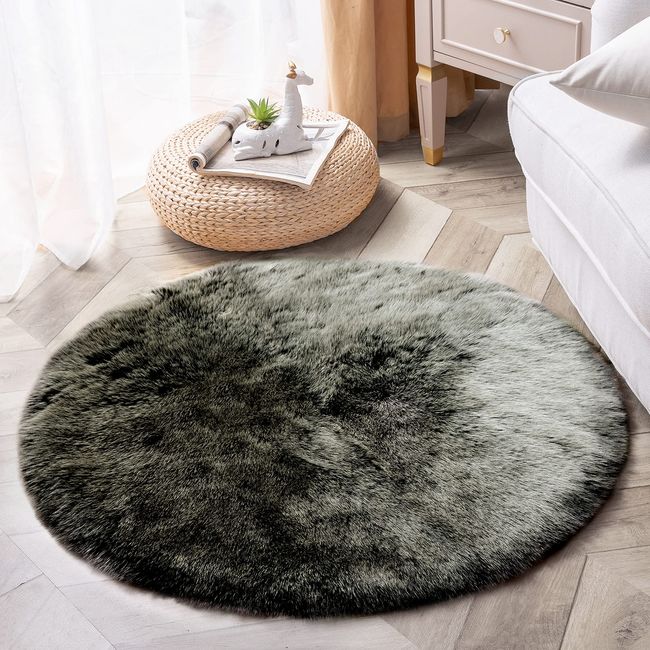 Phantoscope Rug, Non-Slip, Thick, 2-inch Piles (5 cm), Soft Texture, Foldable, Washable, Anti-Bacterial/Mite, Nordic, AC/Floor Heater Compatible, Round, Diameter 3 ft (90 cm), White Tips, Dark Green