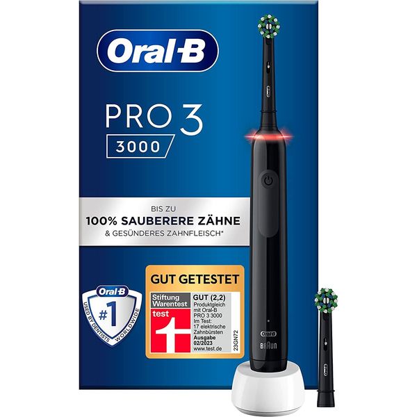 Oral-B PRO 3 3000 Elektrische Zahnbürste/Electric Toothbrush, 2 CrossAction Aufsteckbürsten, mit 3 Putzmodi und visueller 360° Andruckkontrolle für Zahnpflege, Geschenk Mann/Frau, schwarz