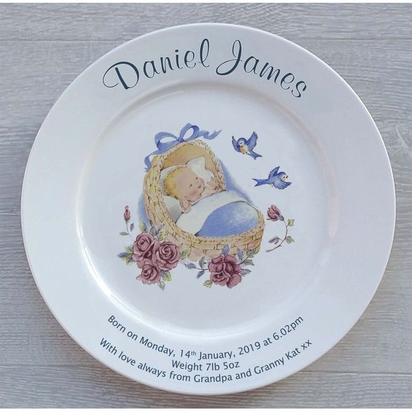 Personalised Christening Plate - Blue Cradle Design on a Plain Plate
